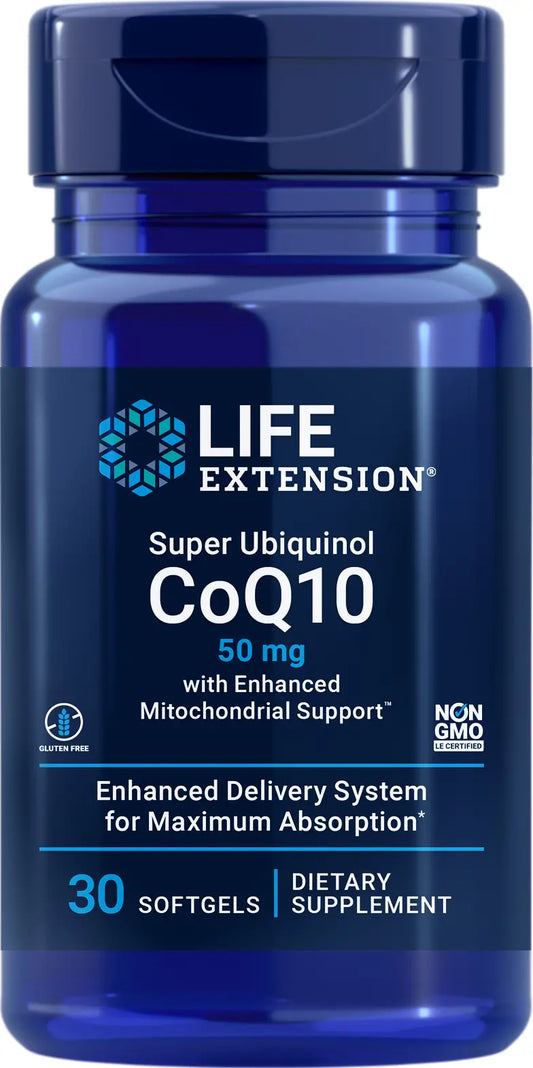 Super Ubiquinol CoQ10 con soporte mitocondrial mejorado 50 mg, 30 cápsulas blandas